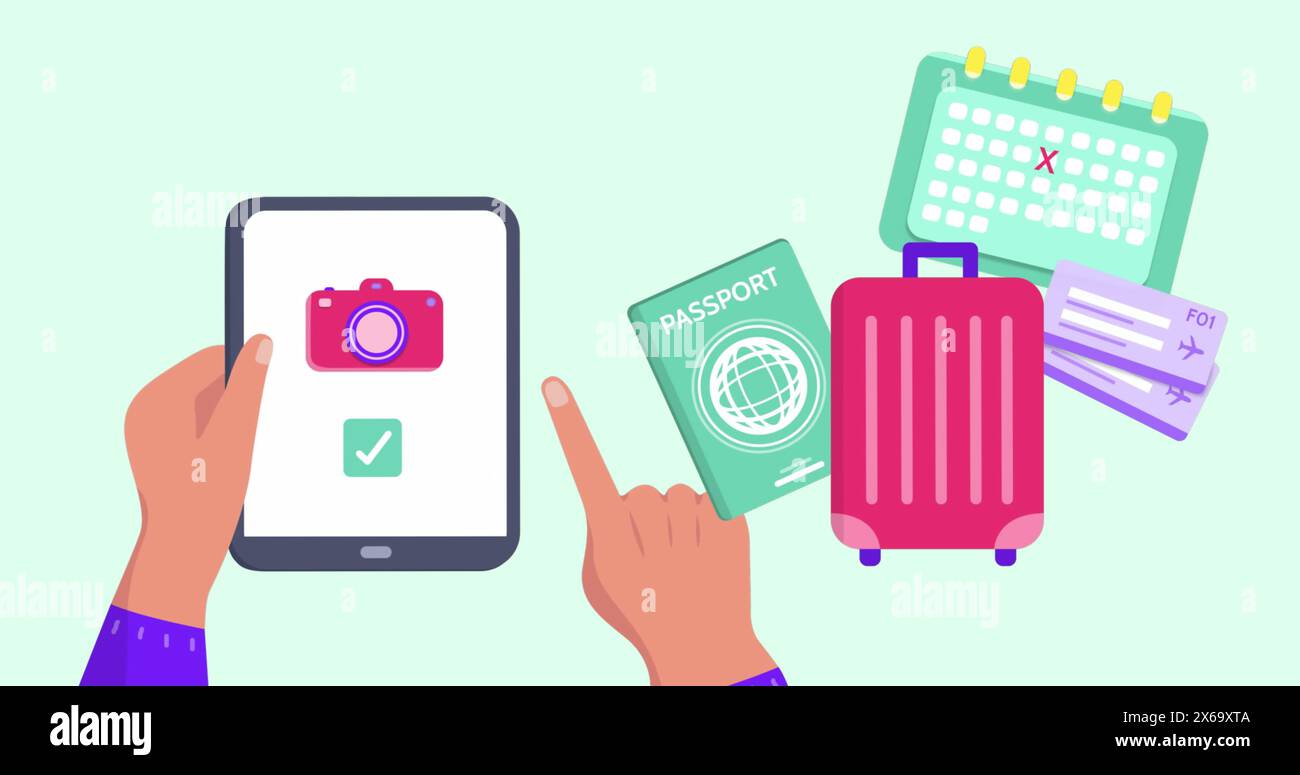 Immagine delle icone di viaggio sulle mani utilizzando il tablet Foto Stock