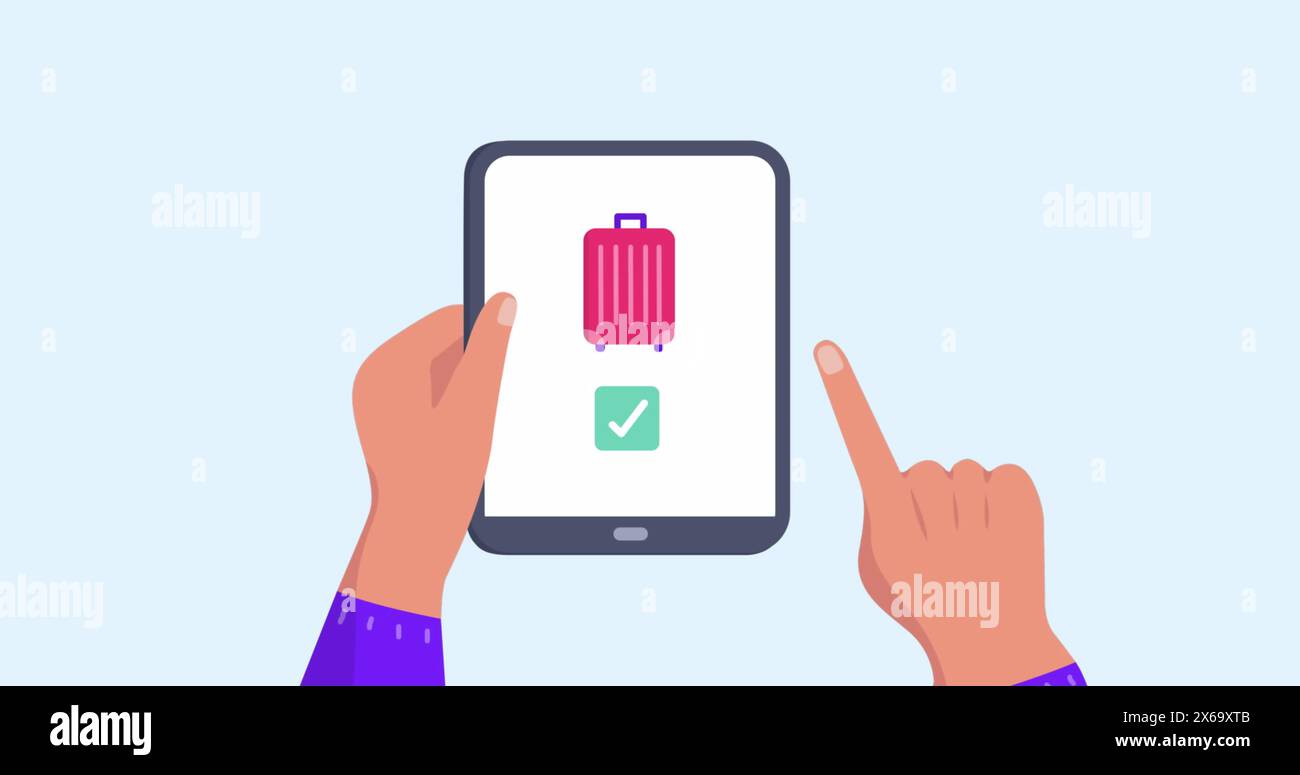 Immagine delle mani che utilizzano un tablet con icone da viaggio Foto Stock