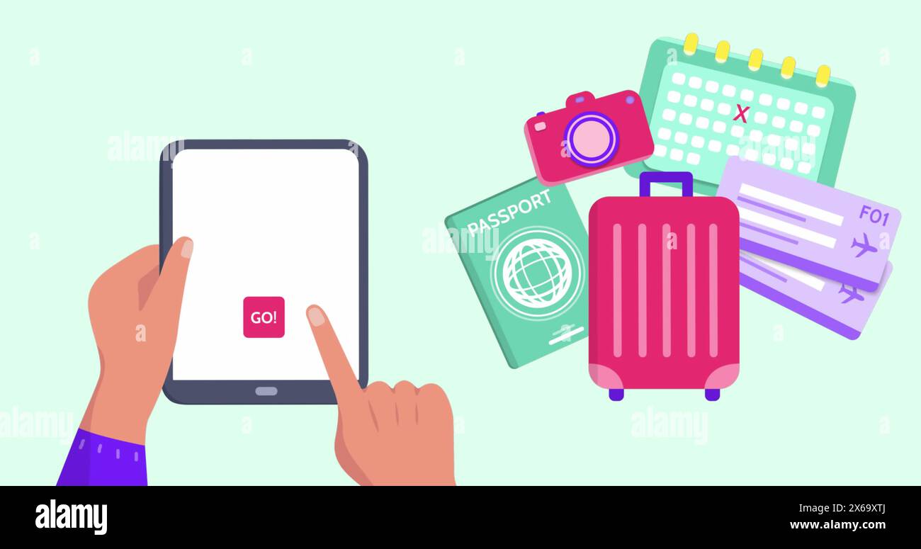 Immagine delle icone di viaggio sulle mani utilizzando il tablet Foto Stock