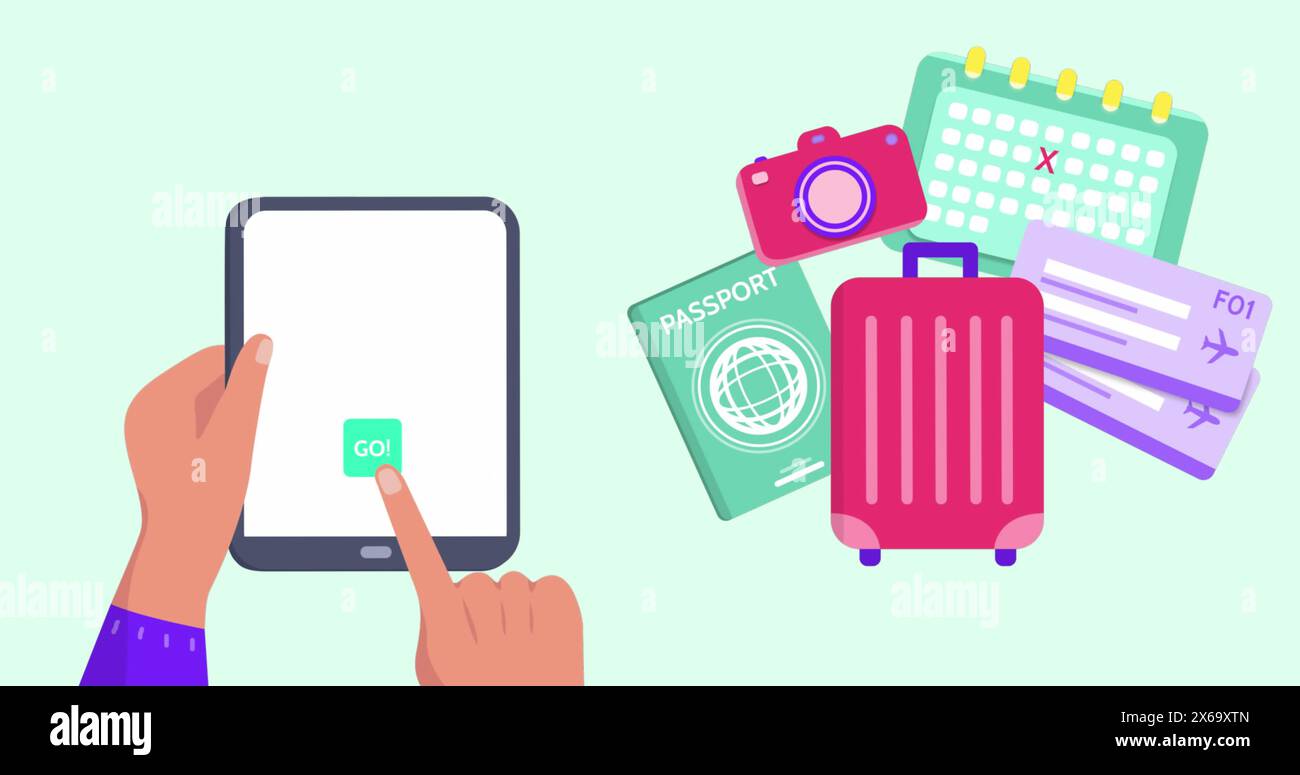 Immagine delle icone di viaggio sulle mani utilizzando il tablet Foto Stock