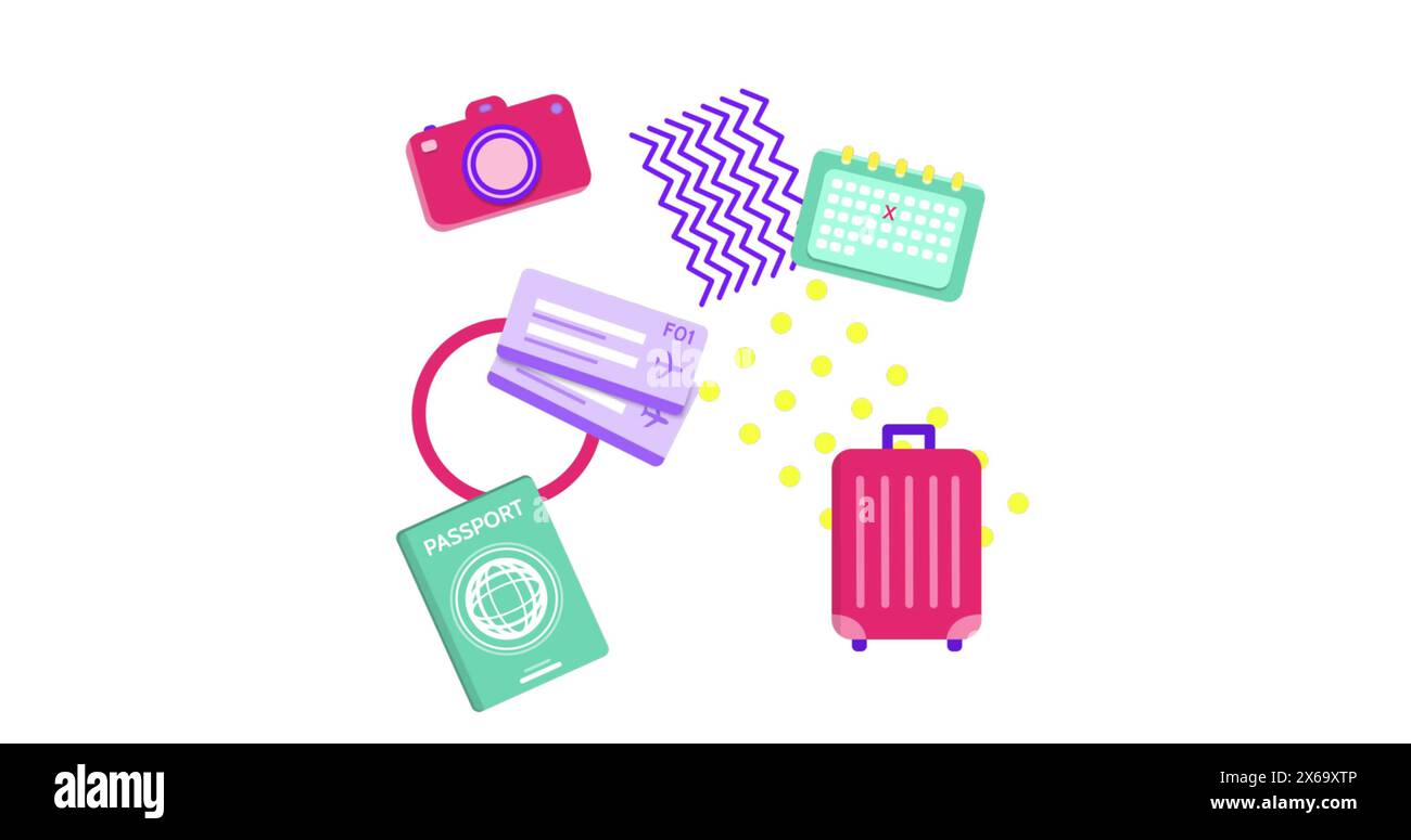 Immagine delle icone di viaggio su sfondo bianco Foto Stock