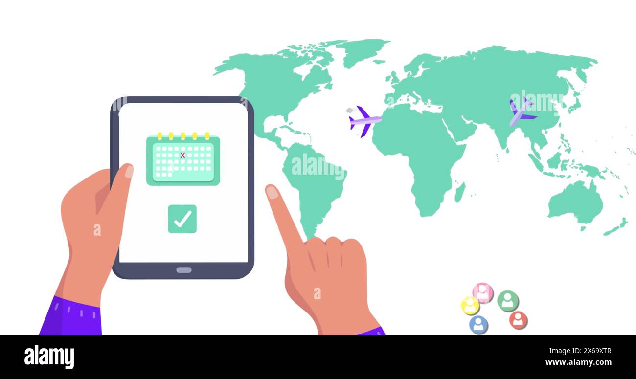 Immagine delle icone delle mappe mondiali e dei contenuti multimediali con il tablet Foto Stock