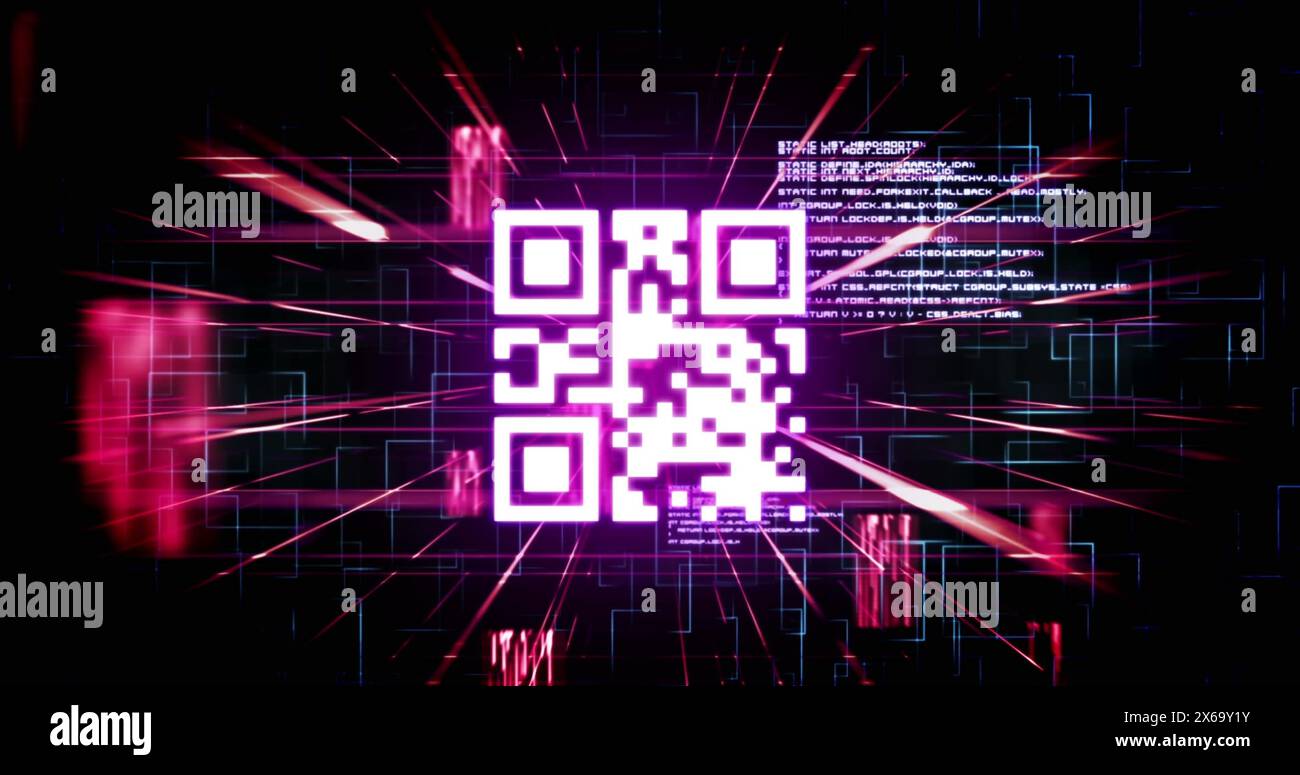 Immagine del codice qr nel modello rombo e nel linguaggio di programmazione su sfondo astratto Foto Stock