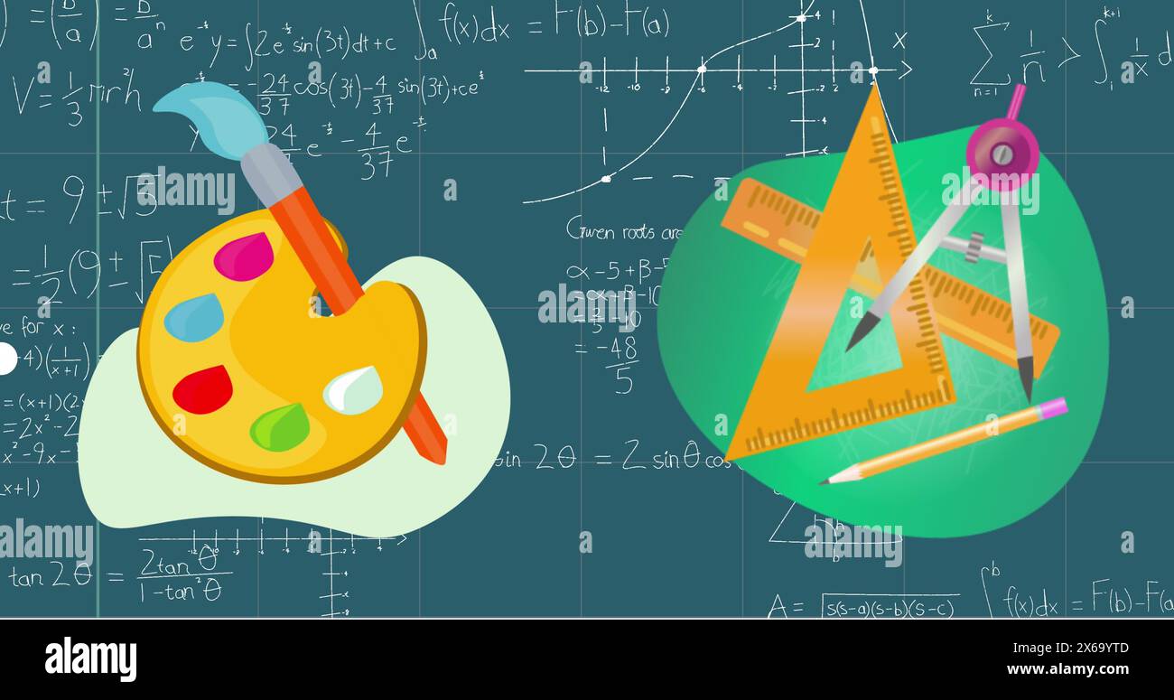Immagine dell'attrezzatura geometrica e dell'icona della tavolozza dei colori rispetto alle equazioni matematiche Foto Stock