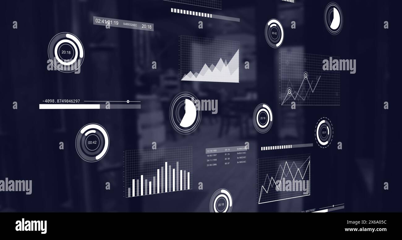 Immagine di più grafici che si spostano sopra l'ingresso della caffetteria vuota Foto Stock