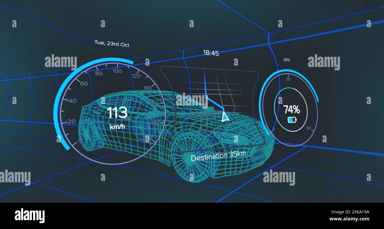 Dashboard dell'auto che visualizza velocità, distanza di destinazione, tempo e stato della batteria Foto Stock