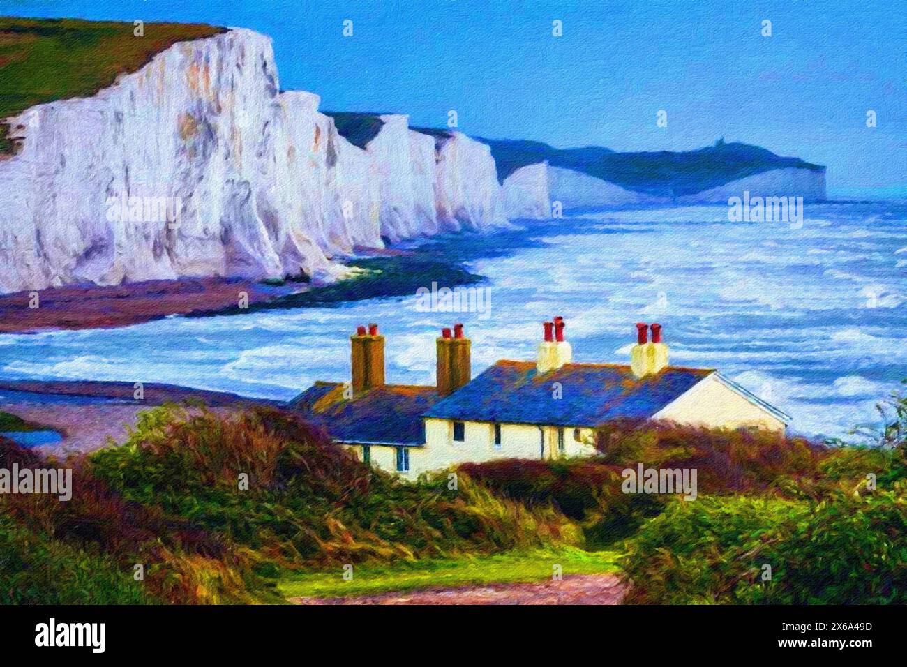 Coaster Guard Cottages and Seven Sisters, Seaford, East Sussex, Inghilterra. Foto Stock