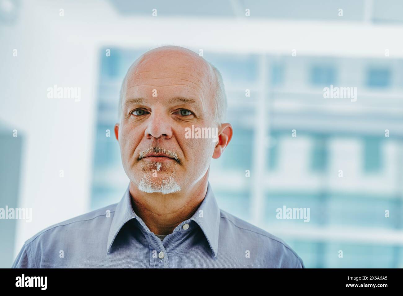 Di fronte a una grande finestra, un uomo anziano con la testa calva e il pizzetto grigio, indossa una camicia blu. La sua espressione è seria, riflette un cont Foto Stock