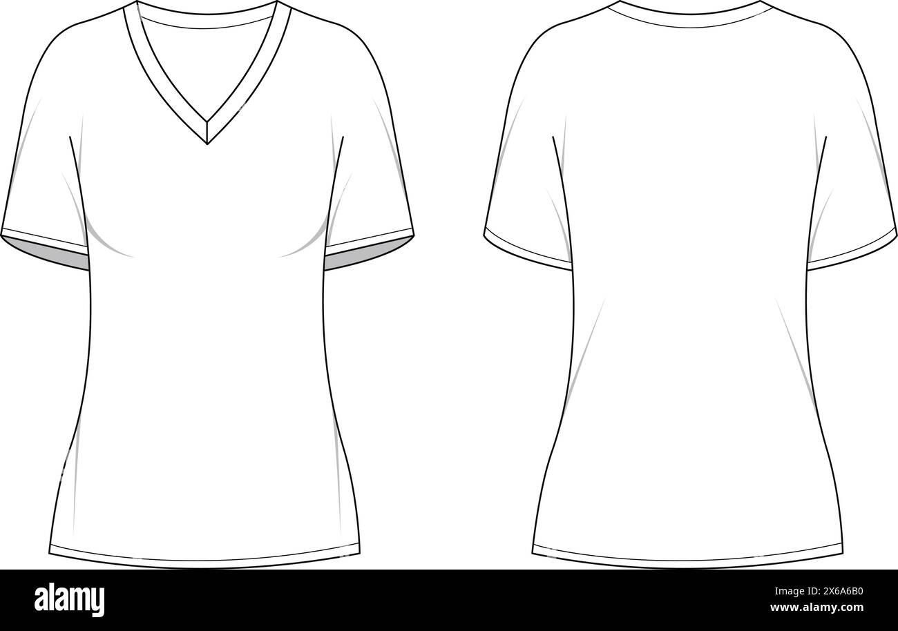 Schizzo tecnico t-shirt femminile. Scollo a V donna e camicia a maniche corte. Moda quotidiana o sportiva, linea piatta modello vettoriale decente Illustrazione Vettoriale