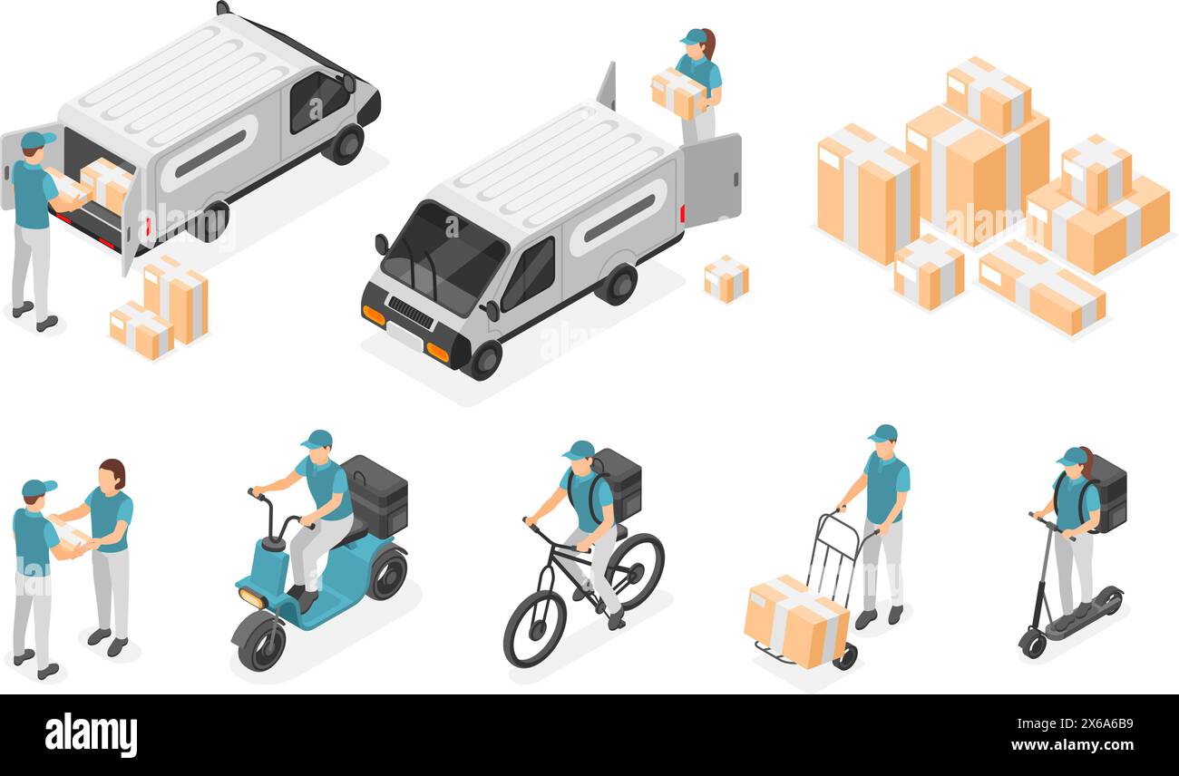 Corrieri isometrici. Caratteri del servizio di consegna e trasporto. Corriere con pacchi e scatole di cartone. Camion di carico, operatori logistici vettore impeccabile Illustrazione Vettoriale