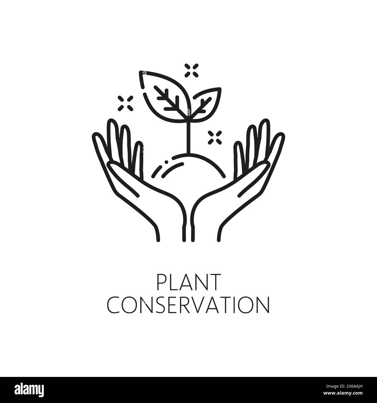 Icona della linea di conservazione delle piante per la protezione della natura e dell'ambiente ecologico, delineare il vettore. Globo e pianta a foglia verde nelle mani, simbolo della protezione ecologica per salvare il mondo con energia verde ed energia ecologica Illustrazione Vettoriale