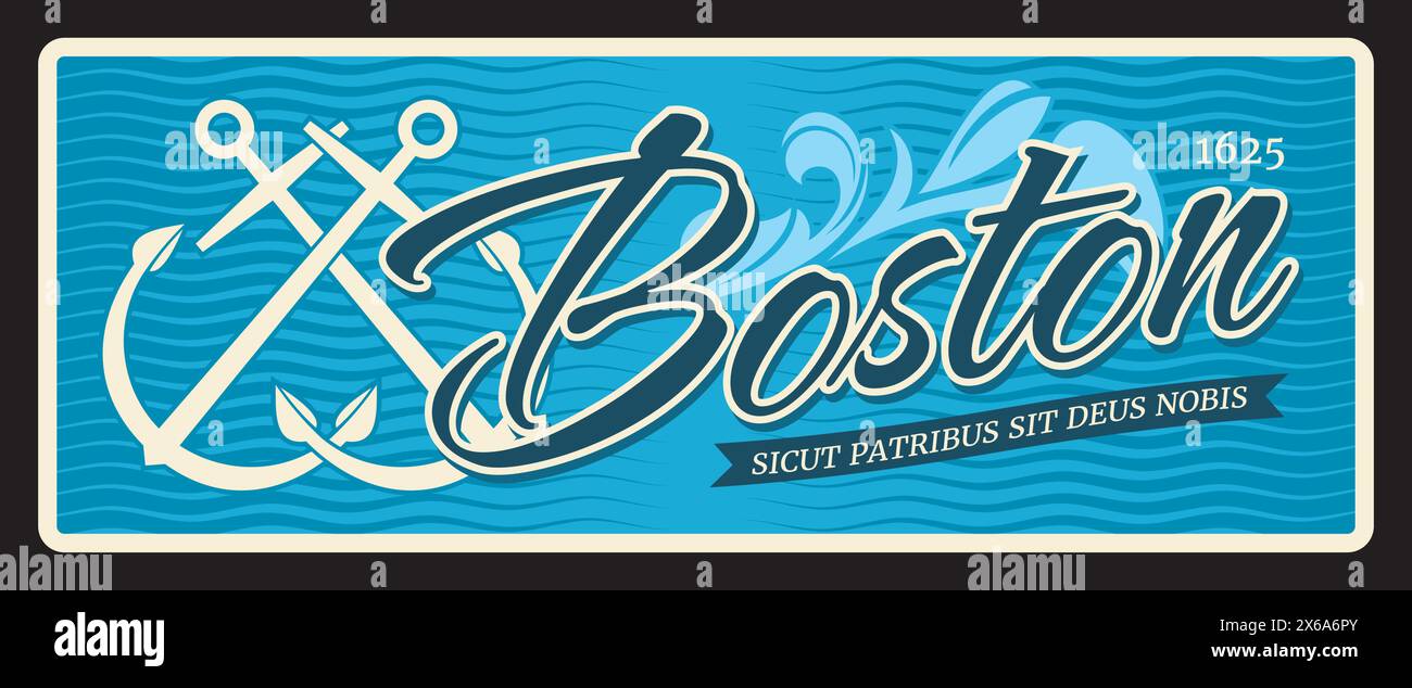 Piatto da viaggio americano a Boston, ancore incrociate, destinazione di viaggio retrò. Cartolina di città degli Stati Uniti d'America, insegna di latta o adesivo vettore di viaggio USA, sicut patribus sit deus nobis Illustrazione Vettoriale