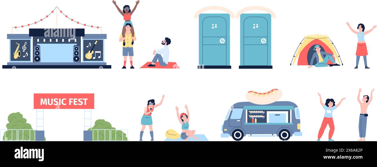 Festa all'aria aperta. I giovani personaggi si appiattiscono in trance, ballando e cantando. Elementi della festa musicale, palco, camion di cibo hot dog e tenda, set vettoriale recente Illustrazione Vettoriale