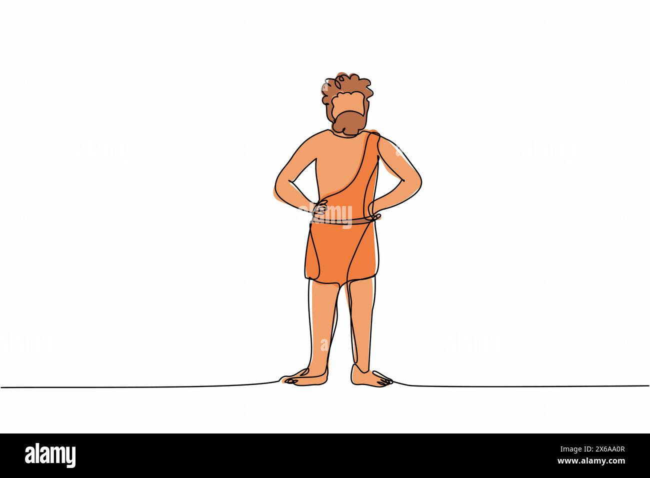 Linea singola continua che disegna un uomo preistorico in piedi con le mani sulla vita. Uomo barbuto preistorico, primitivo caverna dell'età della pietra in pelliccia di animali. Illustrazione Vettoriale