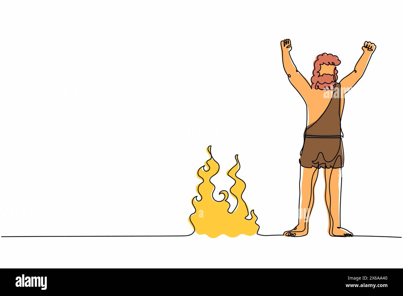 Una linea continua che disegna un uomo di caverna in piedi e alza le mani intorno al fuoco. Uomo preistorico in piedi intorno al falò. Riscalda il suo corpo di notte. Si Illustrazione Vettoriale
