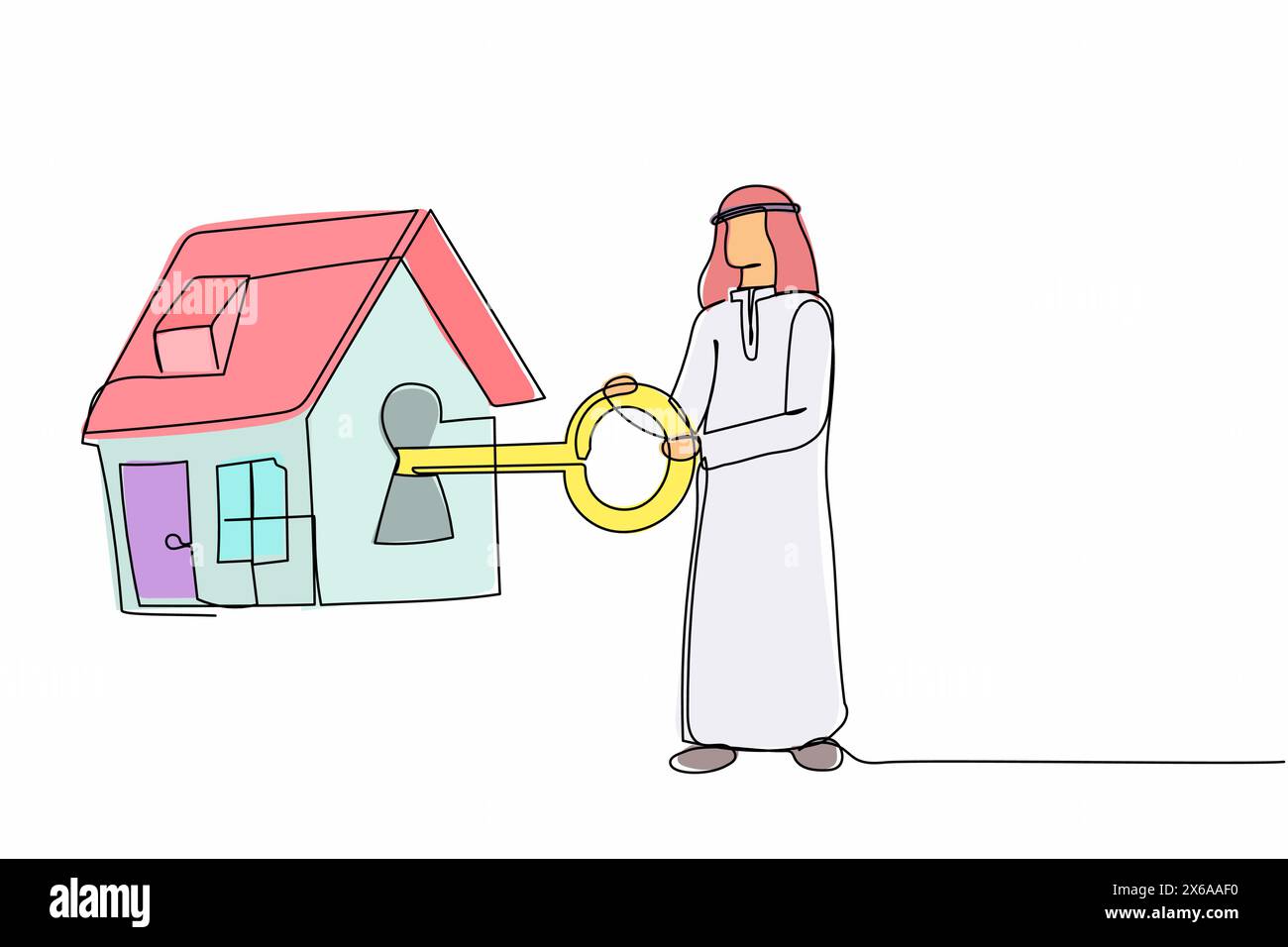 Una sola linea che attira un uomo d'affari arabo che mette in casa una grande chiave. Un investitore arabo che investe denaro nel settore immobiliare. Prestito della casa, mutuo immobiliare. C Illustrazione Vettoriale