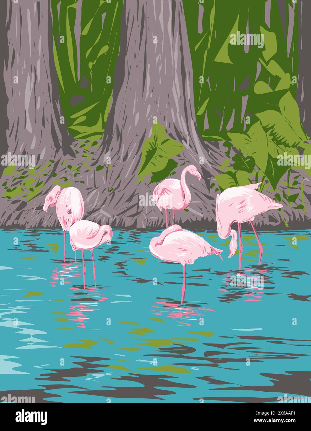 Poster art WPA di un gruppo di fenicotteri o fiammeggianti nel Parco Nazionale delle Everglades in Florida, Stati Uniti d'America, eseguiti nell'amministrazione di progetti di lavoro o. Illustrazione Vettoriale