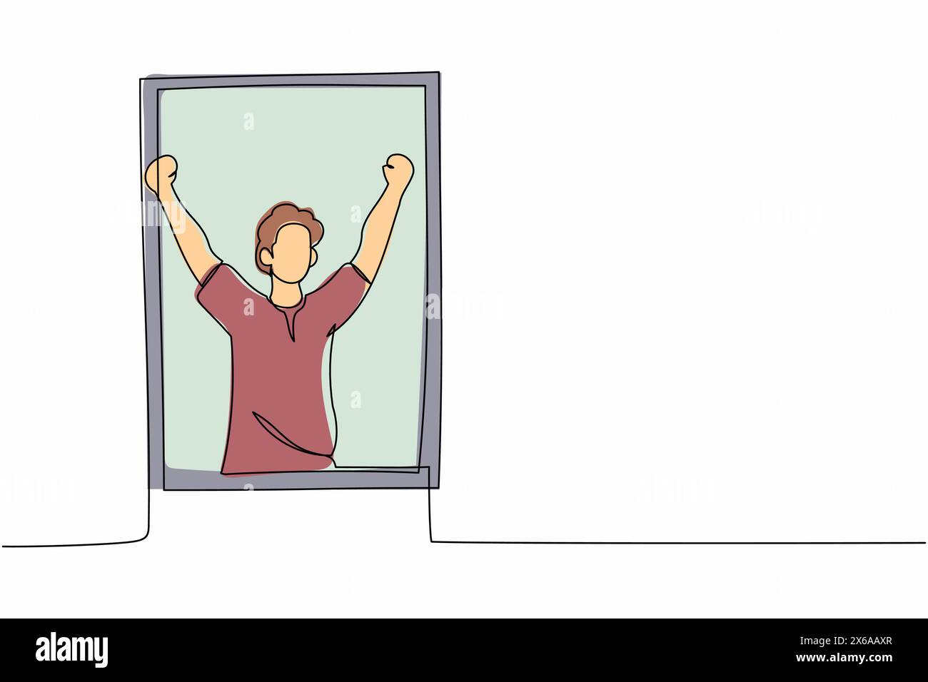 Disegno continuo su una linea uomo felice guardare fuori dalla finestra incontrare benvenuto nuovo giorno respirare aria fresca. Ragazzo che si allunga al mattino goditi un weekend di sole a casa Illustrazione Vettoriale