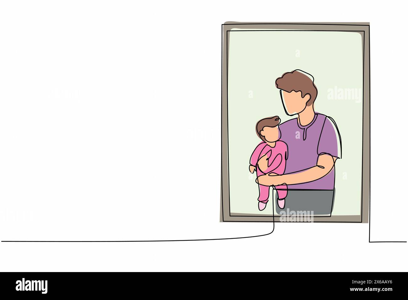 Una linea continua disegna un uomo che tiene il neonato vicino alla finestra. Il bambino giace tra le braccia di papà. Uomo che si prende cura del bambino. Papà in congedo di maternità con B. Illustrazione Vettoriale