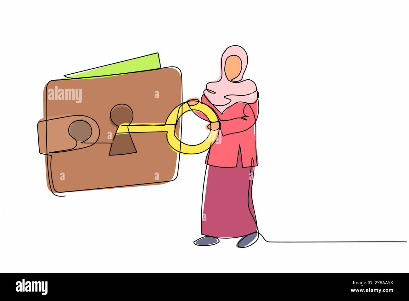 Una donna d'affari araba con disegno a linea continua ha messo la chiave nel portafoglio. Portamonete per risparmiare denaro. Denaro per la sicurezza dell'uso personale. Prote di soldi Illustrazione Vettoriale