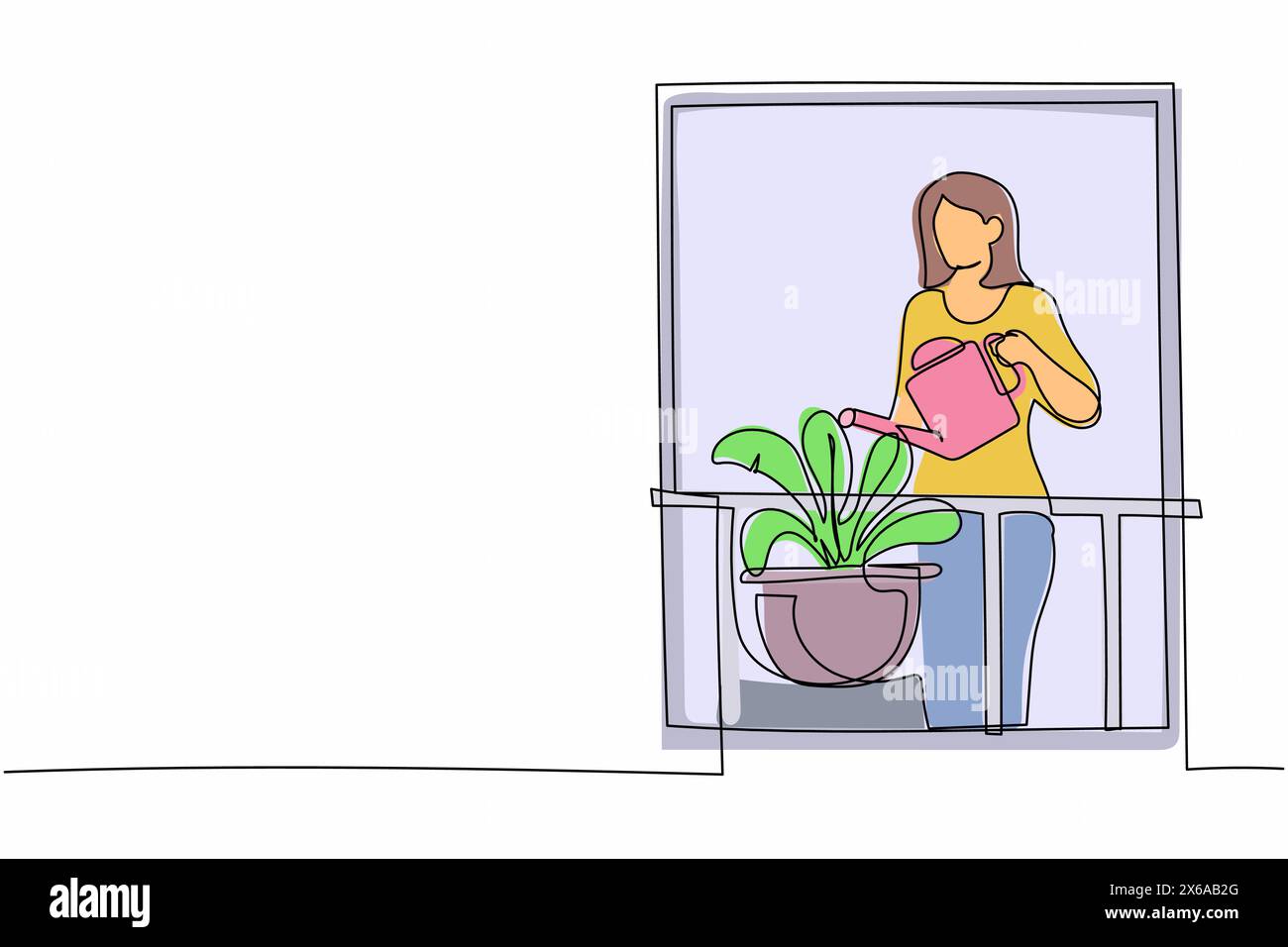 Una linea continua che disegna una donna attiva che innaffia fiori sul balcone. Giovane signora che fa giardinaggio come hobby preferito. Giardino domestico, piante di casa che crescono Illustrazione Vettoriale
