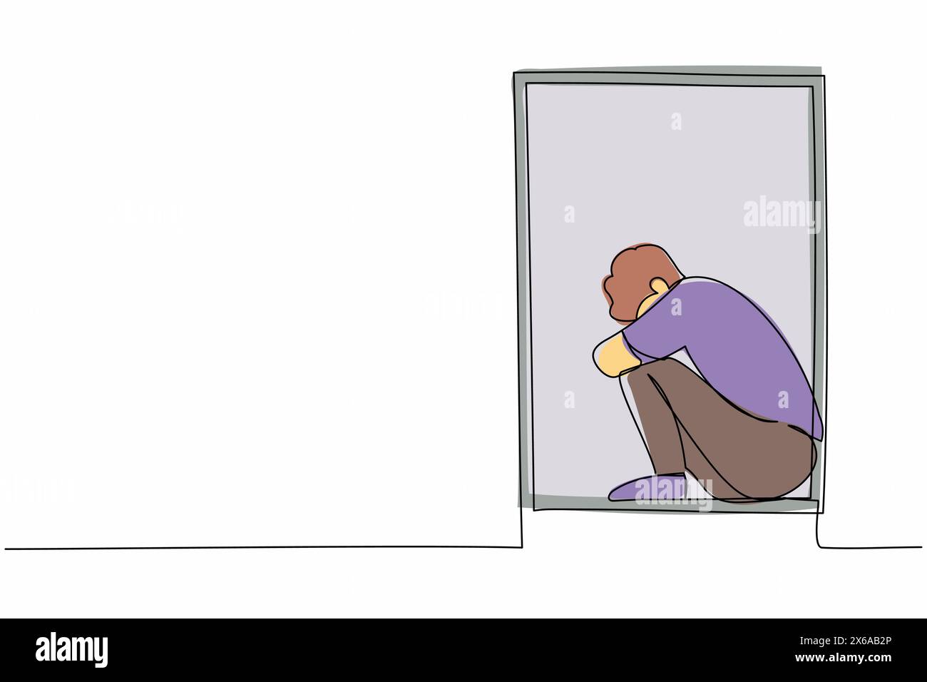 Il disegno continuo di una linea depresso sconvolto uomo disperato seduto sul davanzale. Depressione, stress, malinconia, disperazione, frustrazione, problemi di vita. Cantate Illustrazione Vettoriale