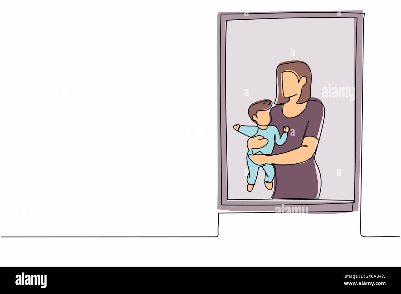 Una linea continua che disegna una donna che tiene il neonato vicino alla finestra. Il bambino giace tra le braccia della mamma. Donna che si prende cura del bambino. Madre in congedo di maternità Illustrazione Vettoriale