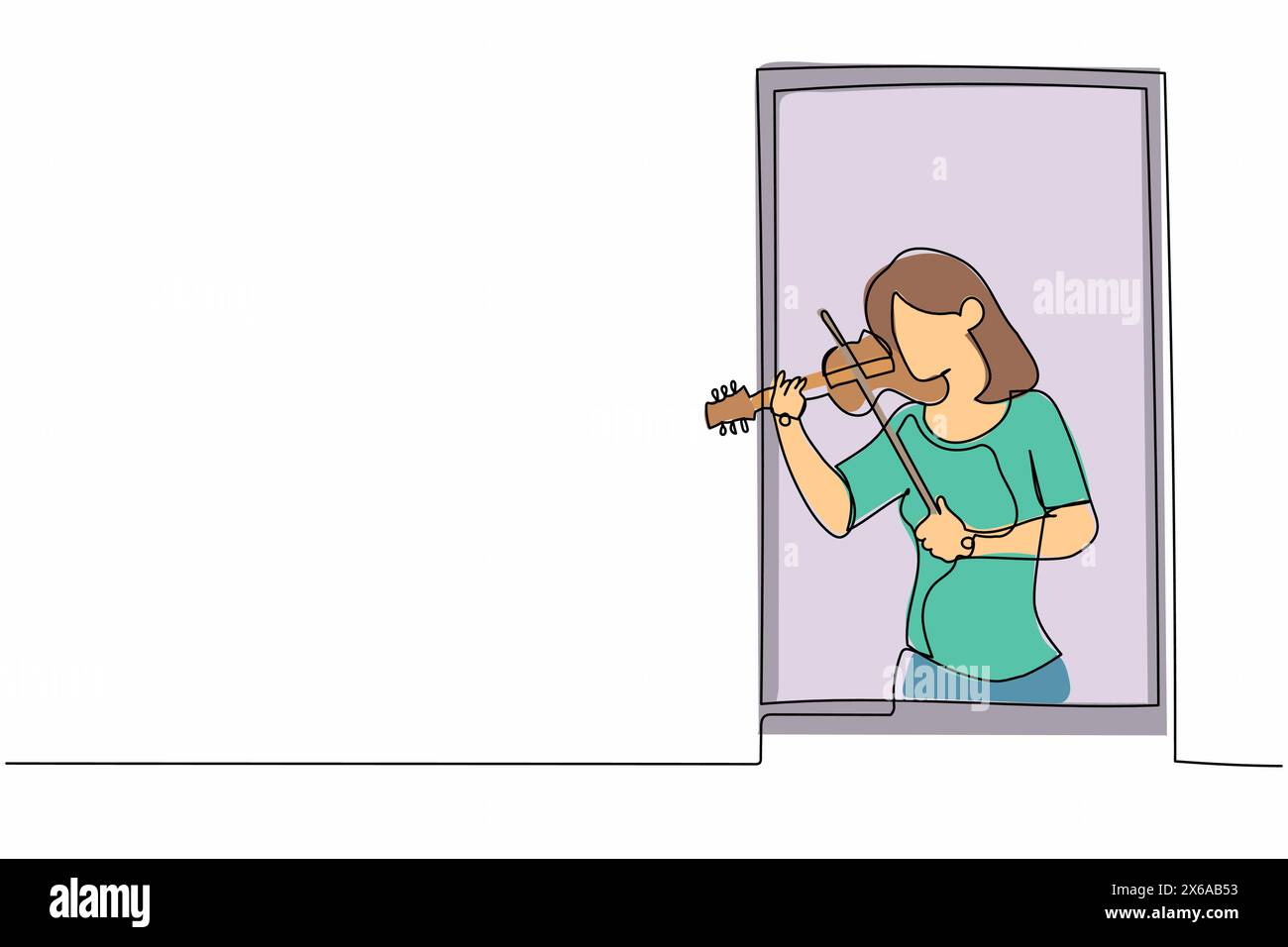 Una linea continua che disegna una musicista donna in piedi vicino alla finestra e suona il violino. Giovane donna che rimane a casa in auto quarantena a causa di pandemia. S Illustrazione Vettoriale