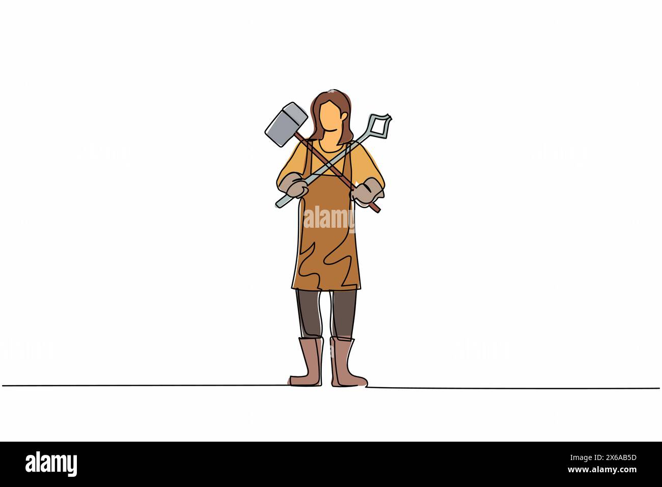 Linea singola continua disegnando una graziosa donna fabbro in piedi con grembiule che regge martello e pinze incrociate. L'artigiana lavora in un'officina di lavorazione dei metalli. Illustrazione Vettoriale