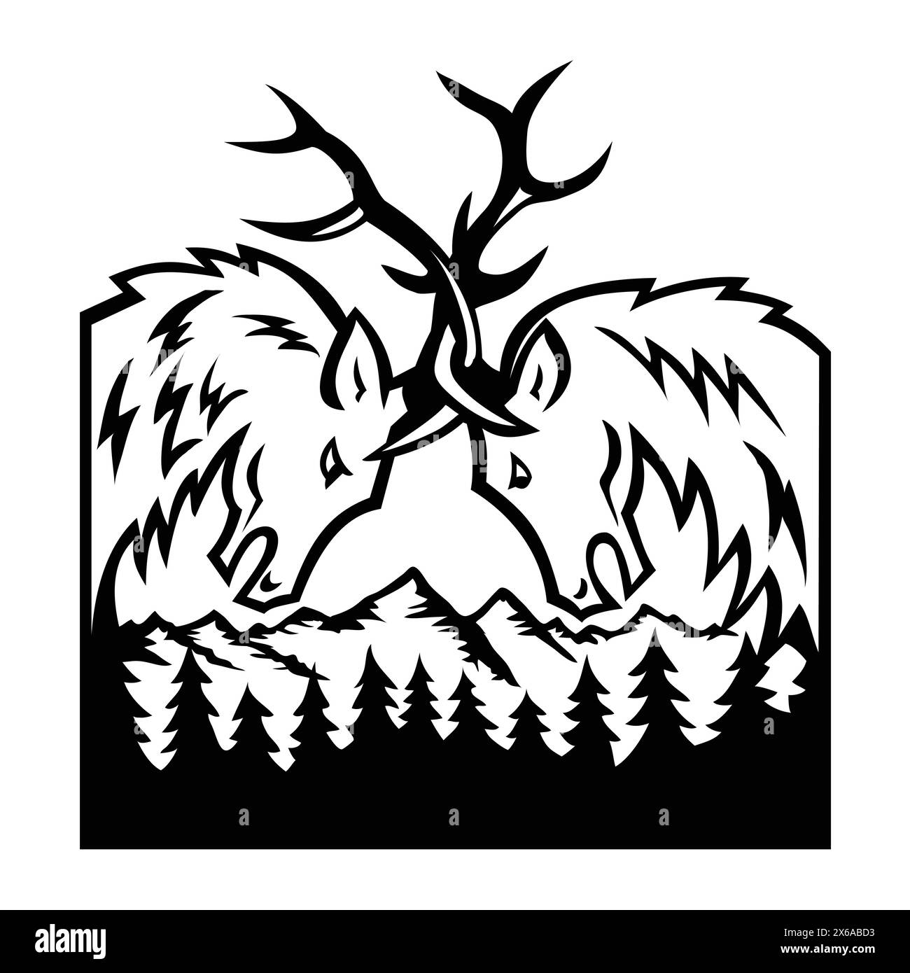 Illustrazione rétro di due teste di alce toro, Cervus canadensis o wapiti che combattono nel Rocky Mountain National Park, Colorado, Stati Uniti su isolato Illustrazione Vettoriale