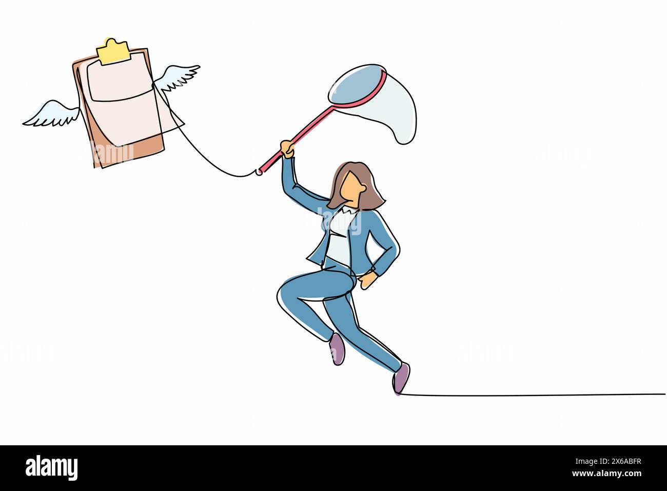 Una donna d'affari con una linea continua cerca di catturare gli appunti volanti con la rete a farfalla. Elenco di controllo mancante. Dati imprecisi, documento, lavoro p Illustrazione Vettoriale