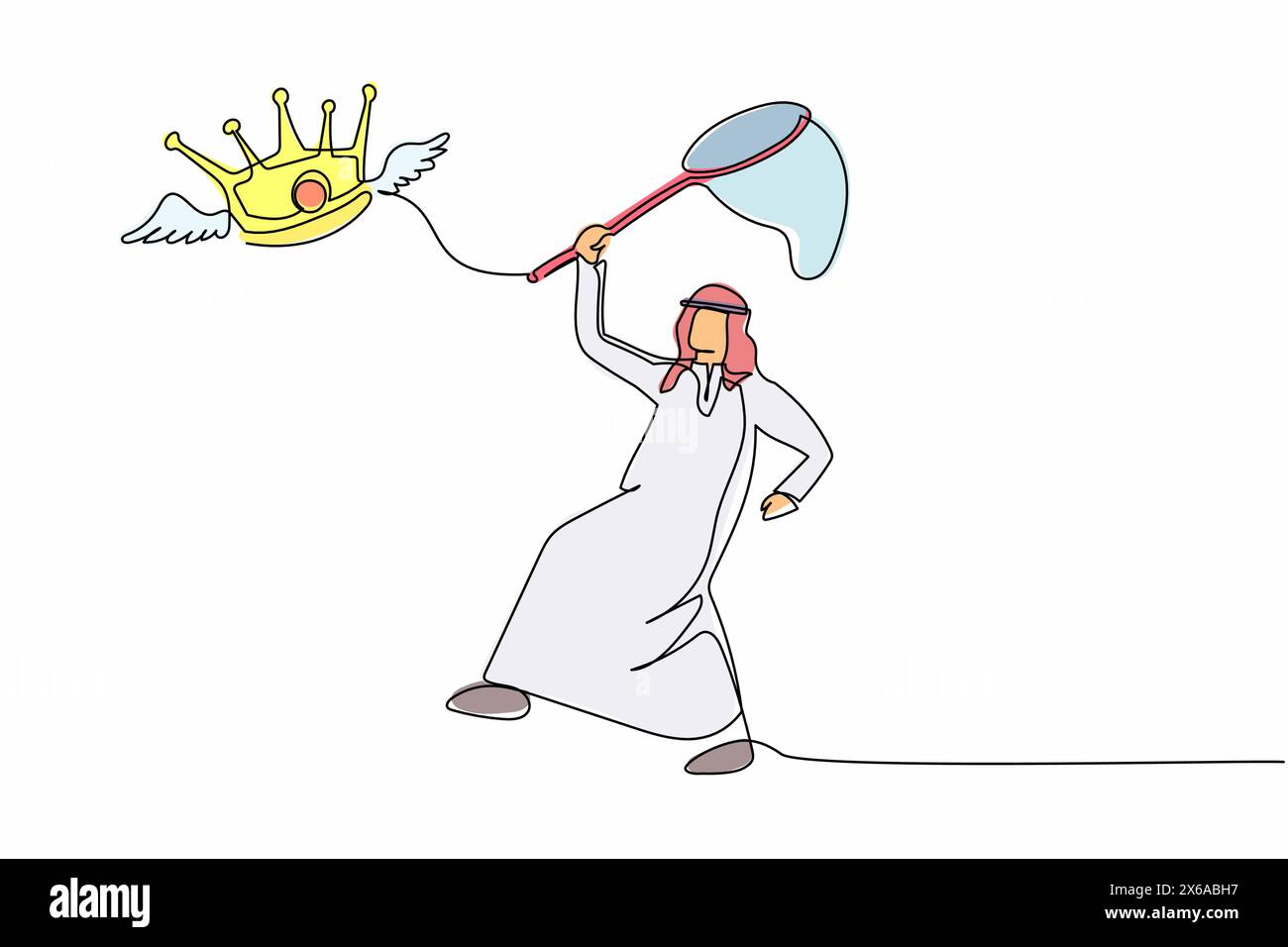 Linea singola continua che disegna un uomo d'affari arabo cerca di catturare la corona volante con la rete a farfalla. Non è riuscito a controllare l'impero degli affari. Metap aziendale Illustrazione Vettoriale