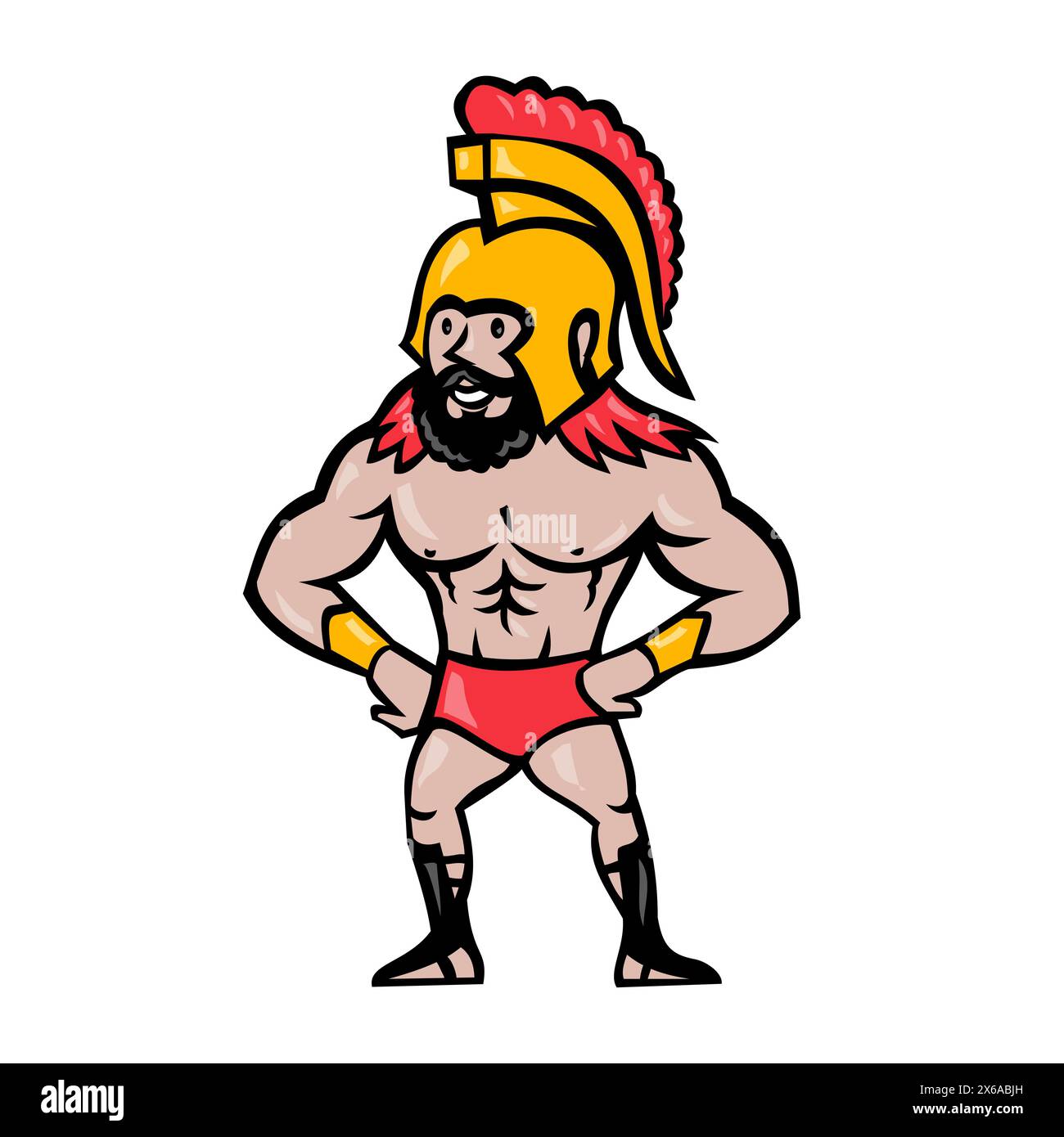 Illustrazione in stile cartone animato di un guerriero spartano che indossa un casco con capelli rossi e barba con mani su fianchi braccia akimbo visto dal davanti su ba isolata Illustrazione Vettoriale