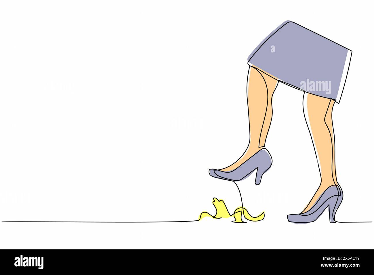 Una linea continua che attira la gamba di una giovane donna d'affari su una buccia di banana. Pericolo imminente, buccia di banana sotto i talloni alti. Metafora minimalista. Singolo Illustrazione Vettoriale