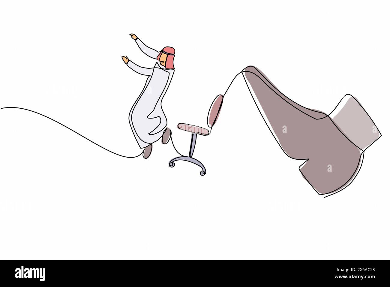 Il disegno di una linea continua non è riuscito, il piccolo imprenditore arabo è stato cacciato con un piede grosso. Il manager si allontana dalla sedia con piedi giganti. Metafora del minimalismo. Illustrazione Vettoriale