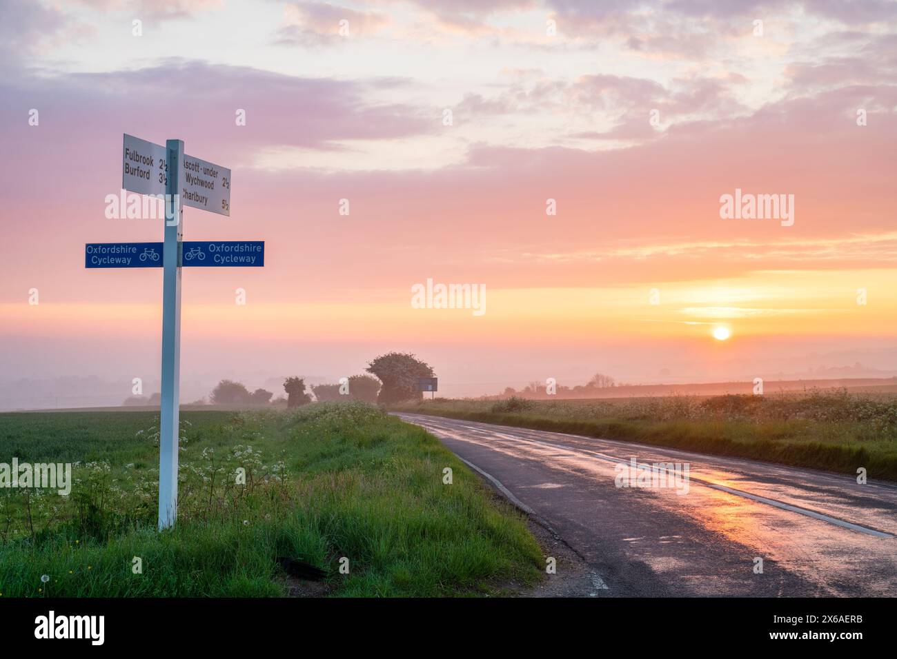 Alba su una strada di cotswold vicino a Shipton-under-Wychwood. Cotswolds, Oxfordshire, Inghilterra Foto Stock