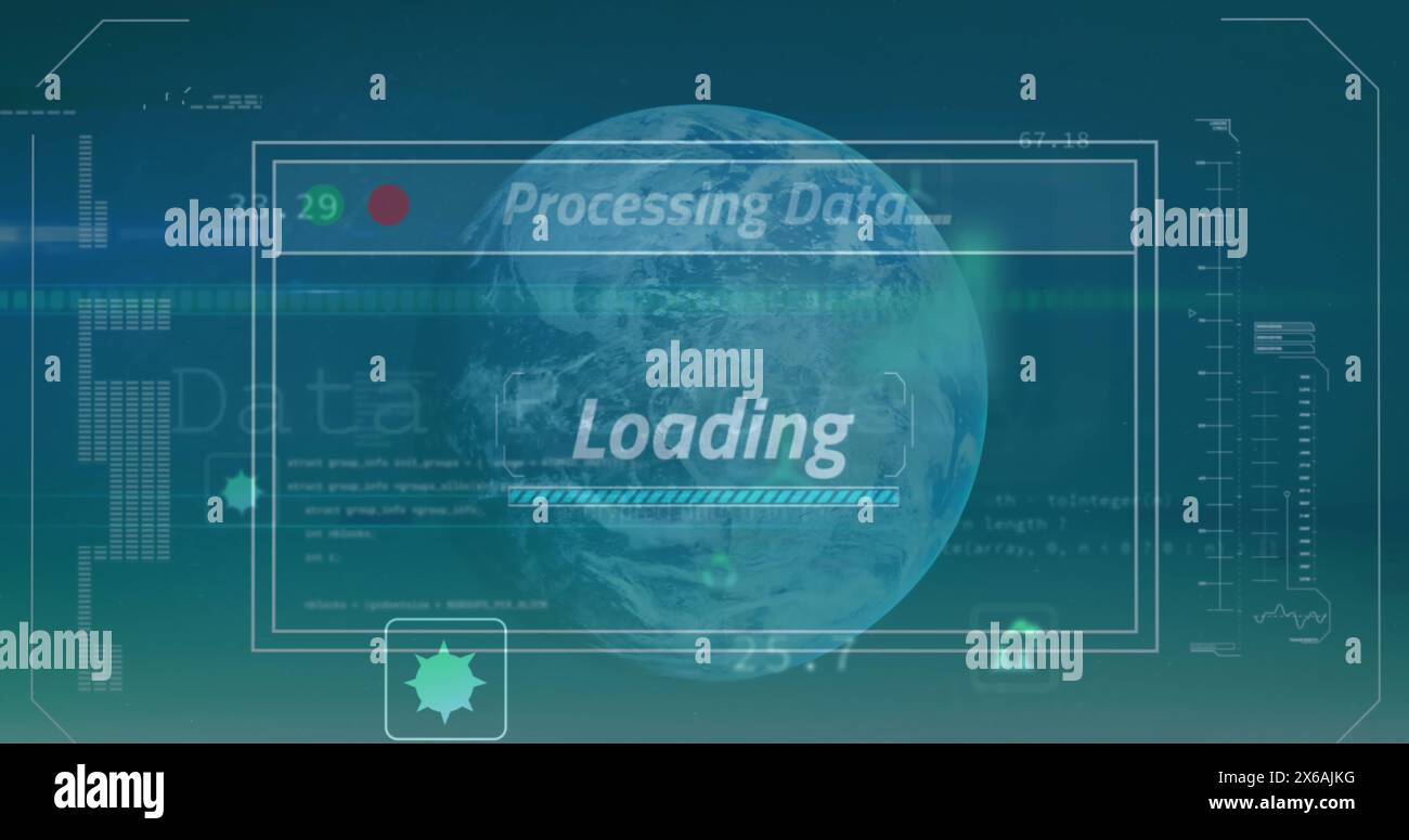 Immagine dell'interfaccia con elaborazione dei dati su globo rotante su sfondo verde Foto Stock