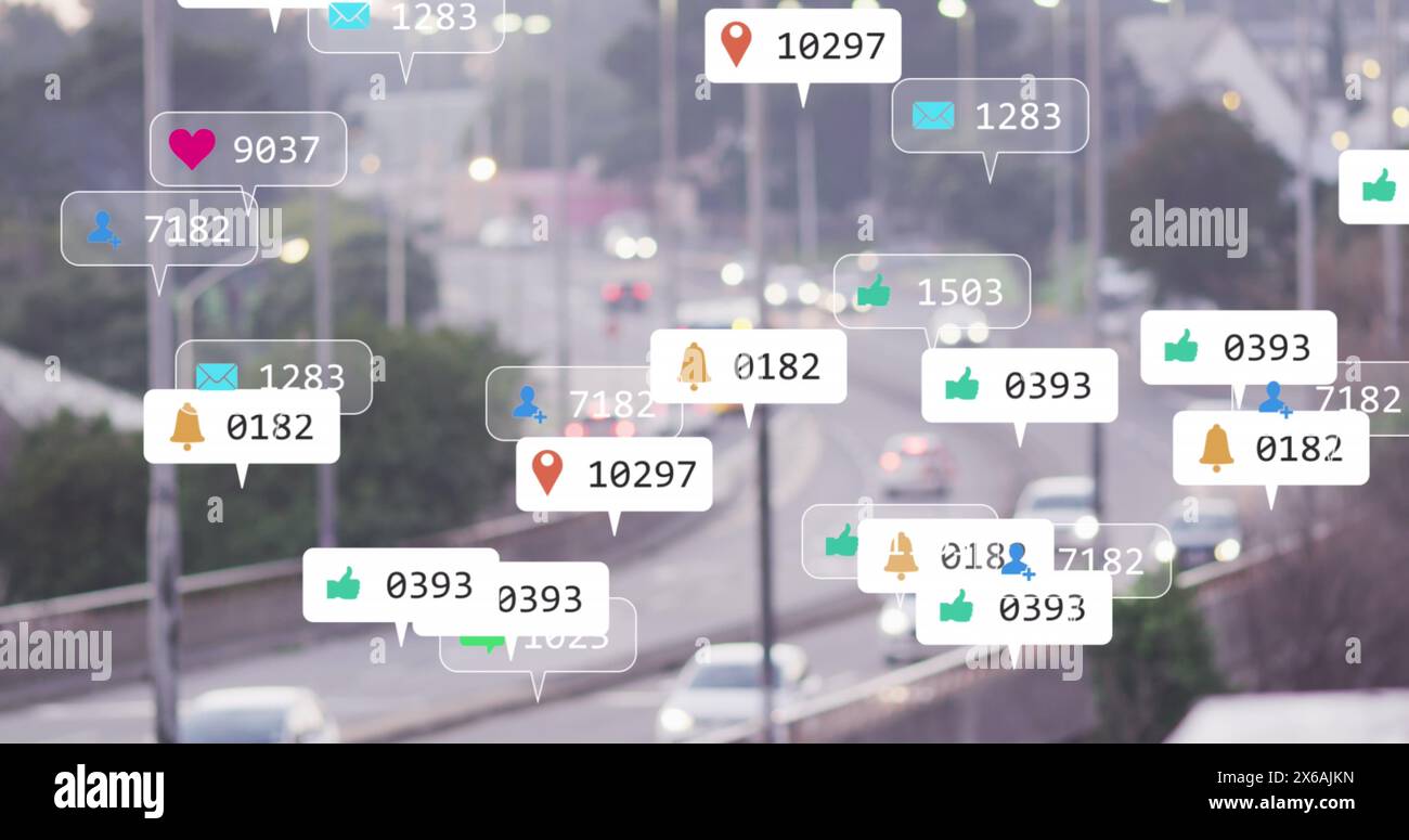 Immagine di icone di notifica con contatori al rallentatore di auto che si muovono per strada in città Foto Stock
