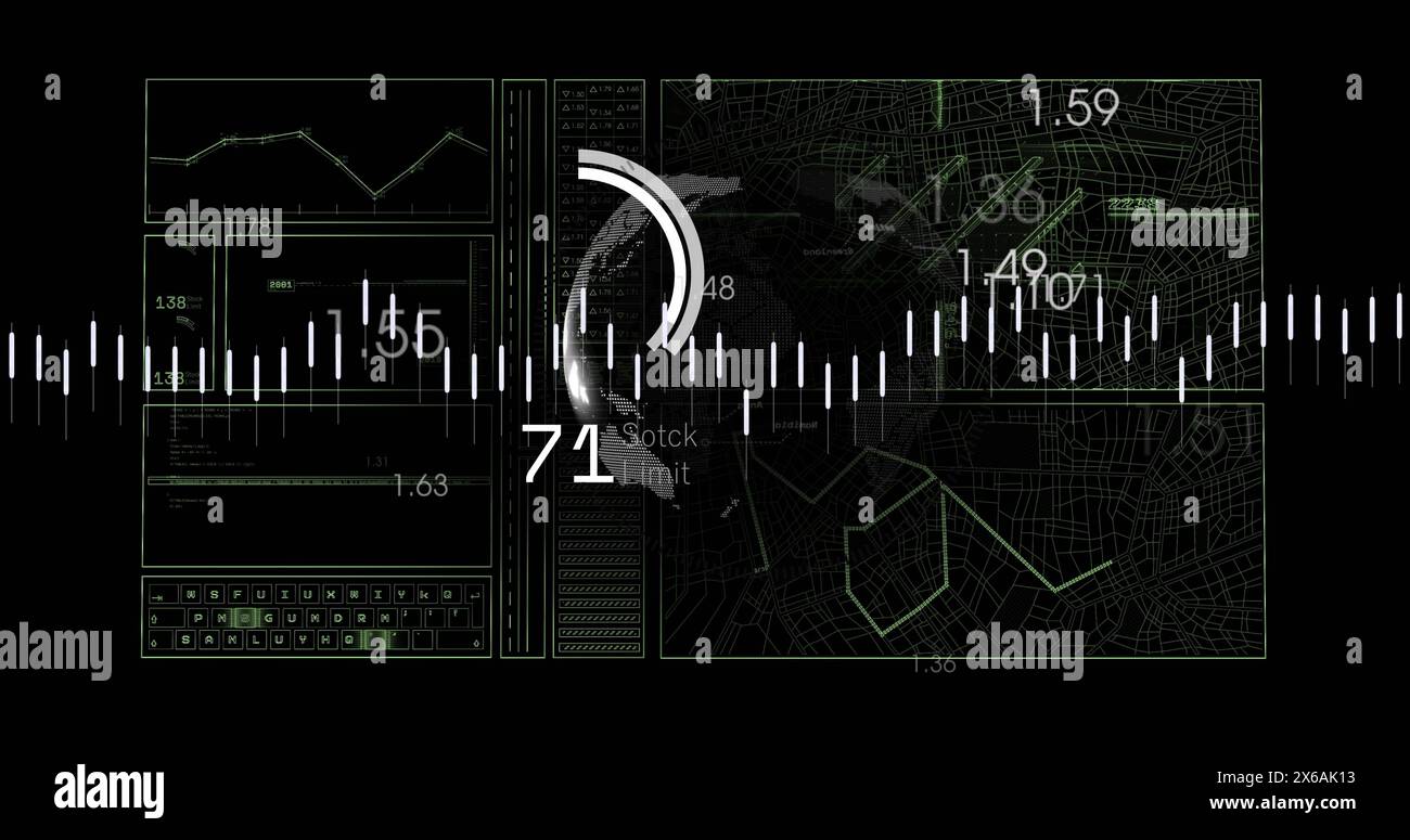 Immagine dell'interfaccia con elaborazione dei dati su globo rotante su sfondo nero Foto Stock