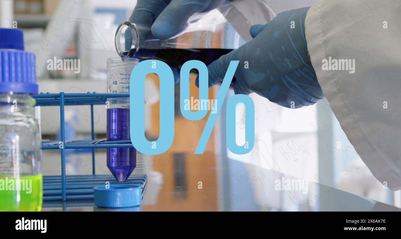 Immagine di numeri crescenti da 0 a 100, percentile, mani ritagliate di scienziato che versa liquido Foto Stock