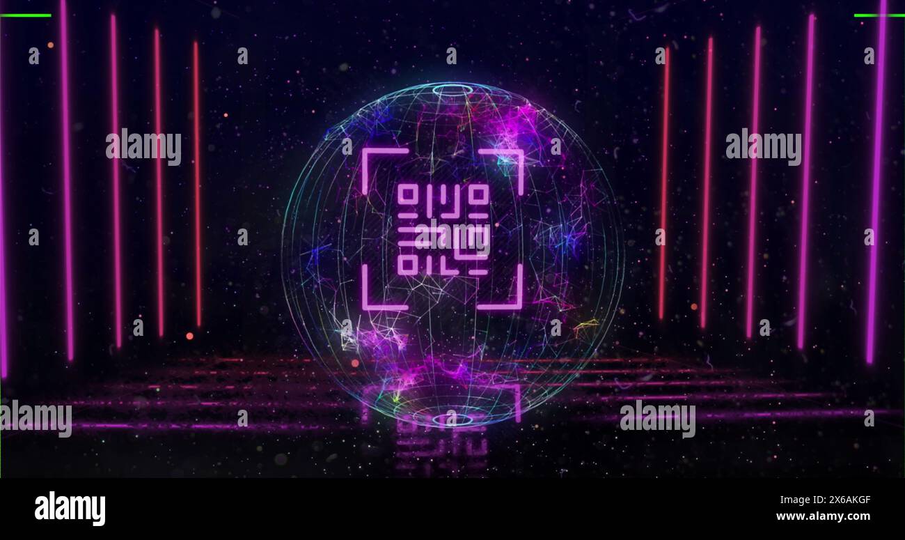 Immagine del codice qr sulla scansione dell'oscilloscopio e sul globo Foto Stock
