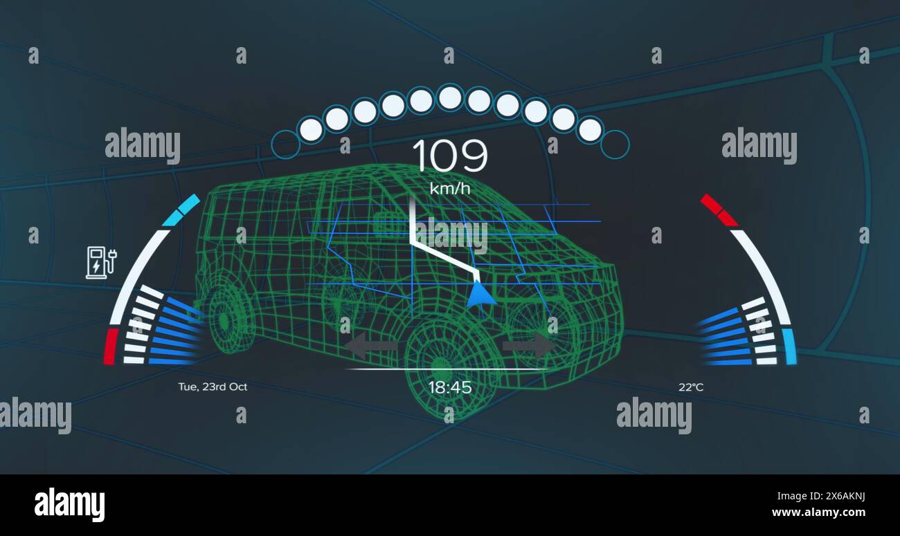 Immagine dell'orologio su un modello di auto 3d su griglia su sfondo nero Foto Stock