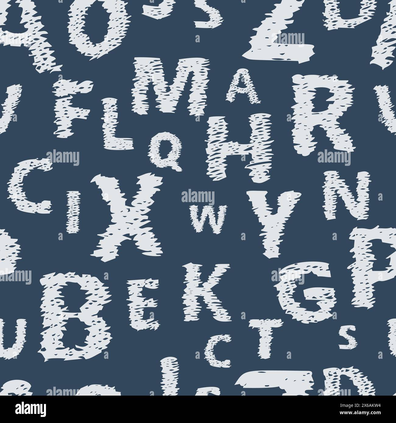 Alfabeto Doodle sfondo senza cuciture. Modello vettoriale infinito con lettere bianche su sfondo blu. Illustrazione Vettoriale