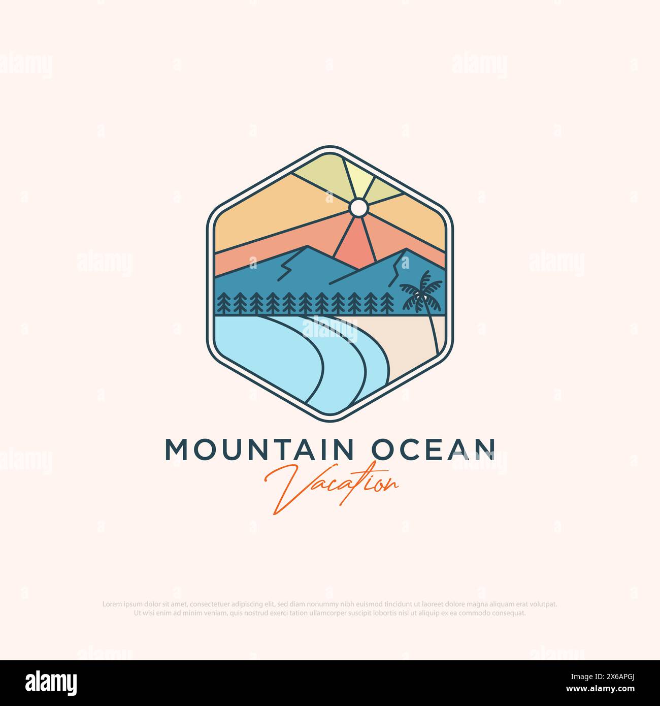 Design del logo Mountain Ocean Holiday, illustrazione vettoriale del logo dell'agenzia di viaggi Illustrazione Vettoriale