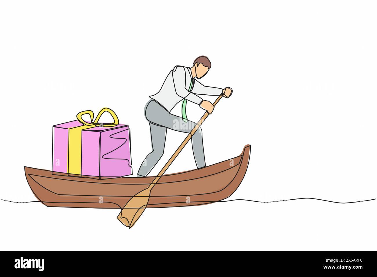 Disegno a linea singola continua di un uomo d'affari in piedi in barca e a vela con confezione regalo. Premiare i dipendenti in sospeso. Apprezzamento da parte di co Illustrazione Vettoriale
