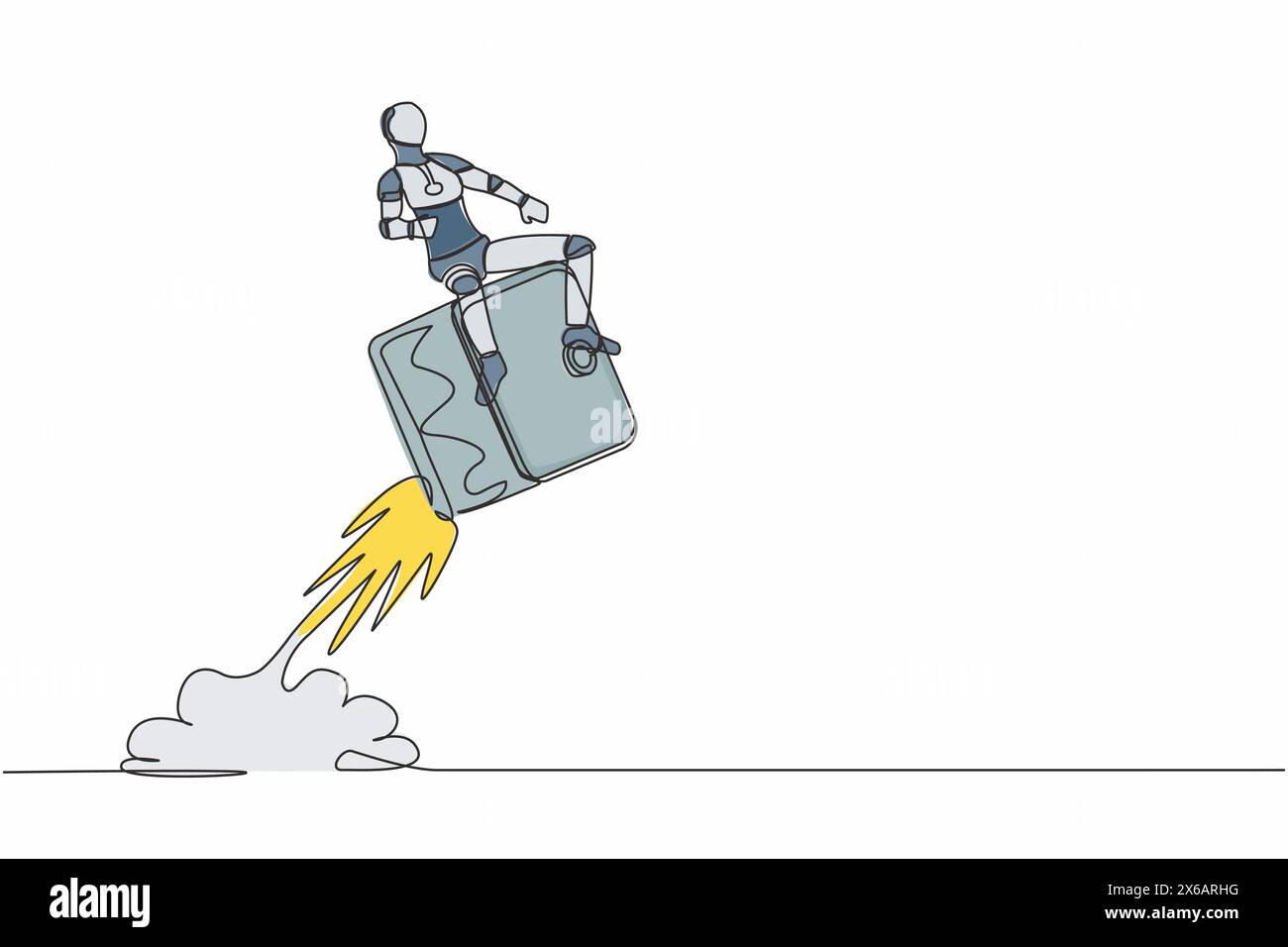 Una linea continua che disegna robot che cavalca un razzo con cassetta di sicurezza che vola nel cielo. Protezione dal contante nel settore tecnologico. Sviluppo tecnologico futuro Illustrazione Vettoriale