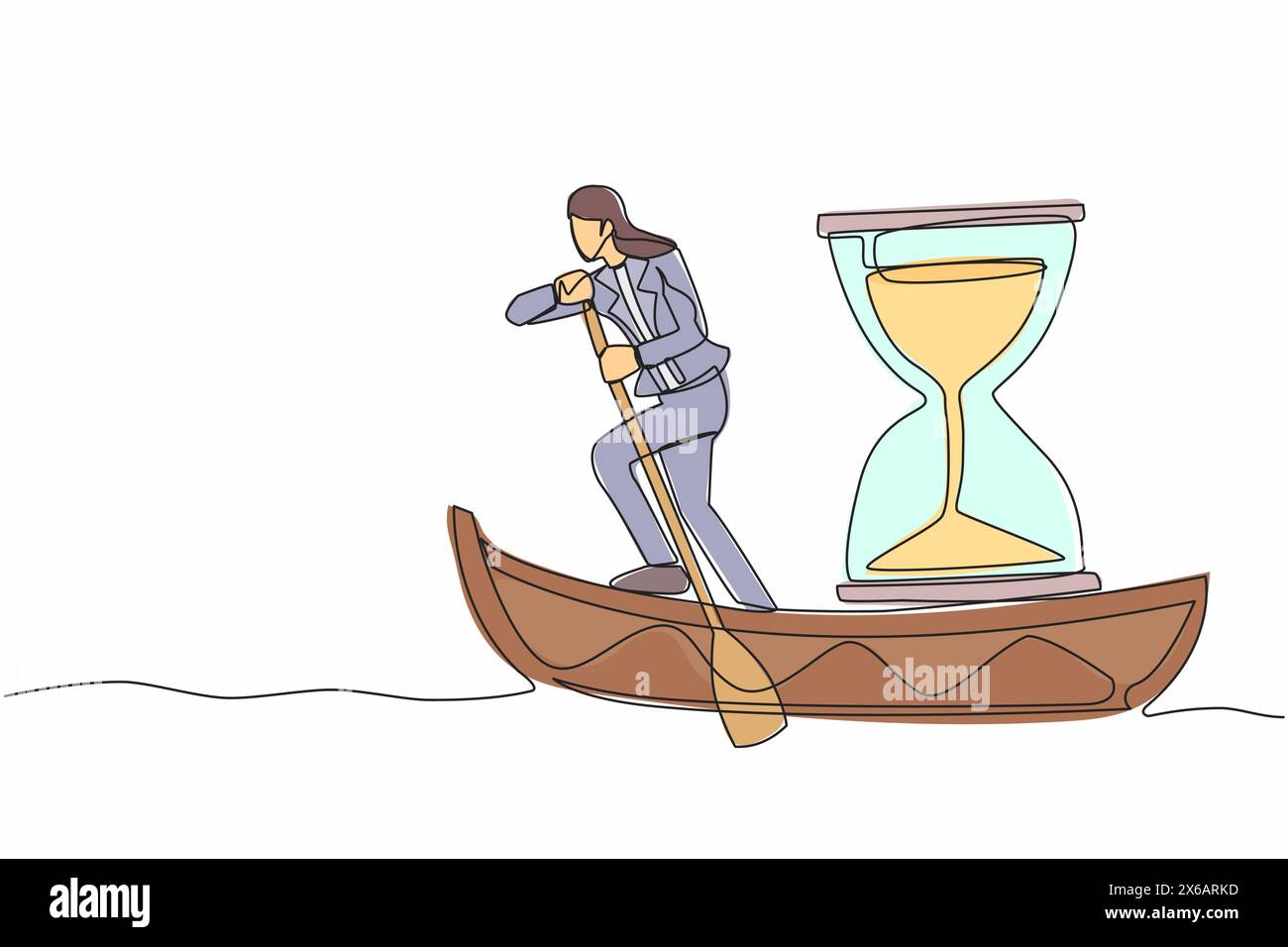 Una sola linea continua disegna una donna d'affari in piedi in barca e naviga con clessidra. Evadere dalla scadenza del lavoro. Motivazione per un rapido movimento. In esecuzione Illustrazione Vettoriale