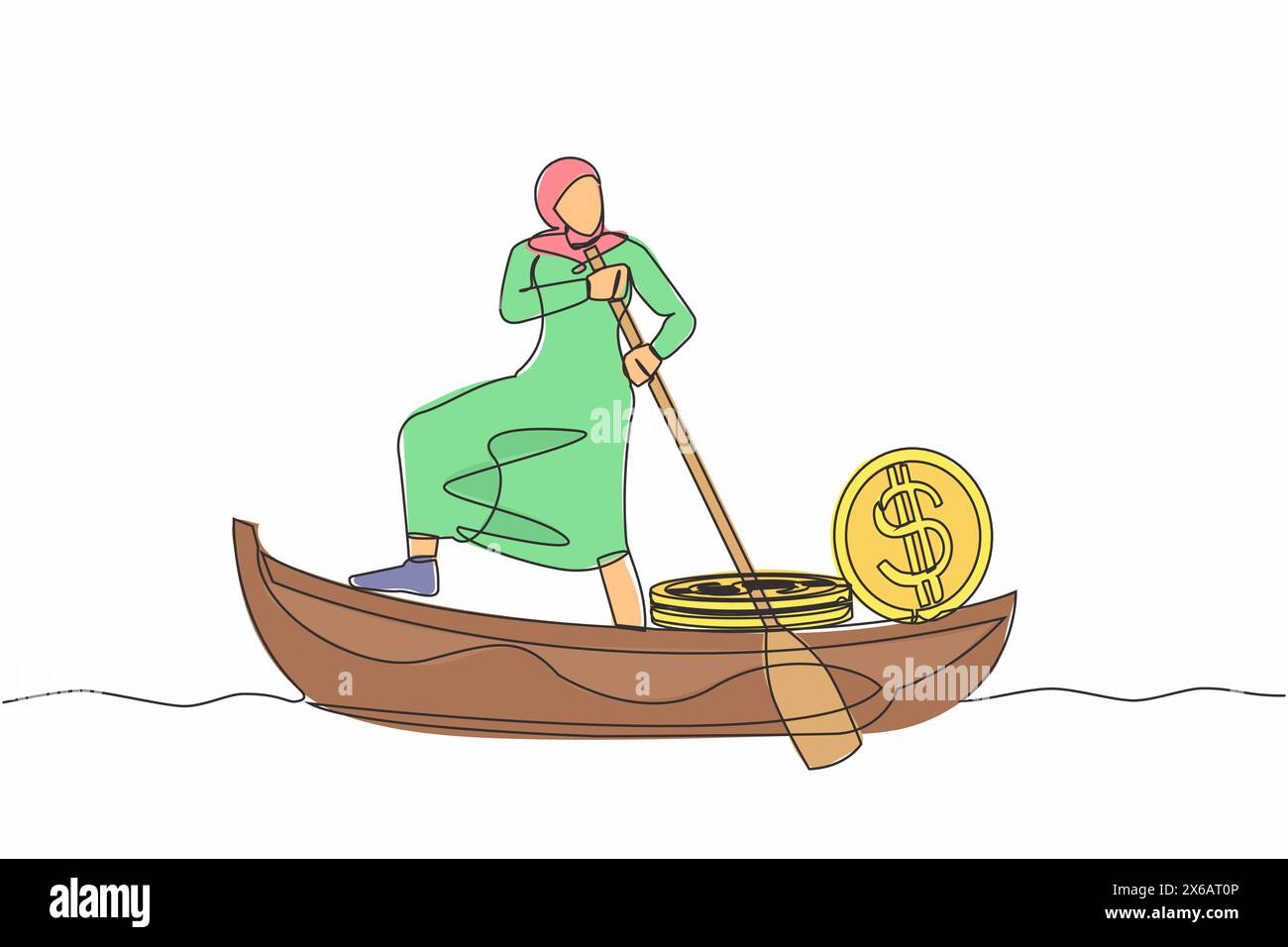 Linea singola continua che disegna una donna d'affari araba in piedi in barca e in barca a vela con una pila di moneta d'oro. Imprenditore investitore di successo. Gol Illustrazione Vettoriale