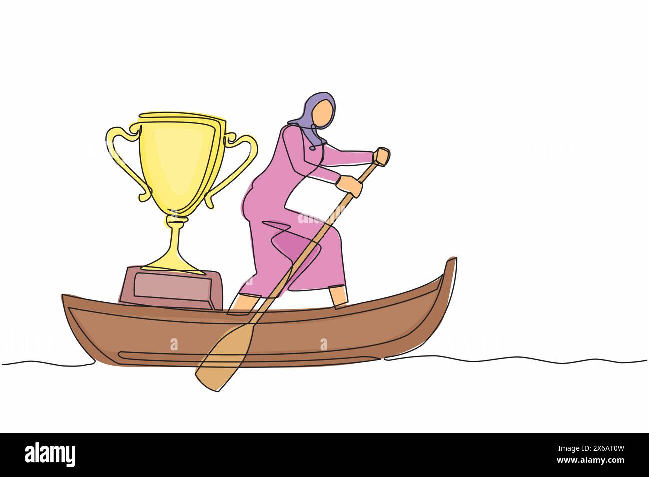 Linea singola continua che disegna una donna d'affari araba in piedi in barca e in barca a vela con trofeo. Gare di sport acquatici. Riconoscimento del campionato di vela Illustrazione Vettoriale