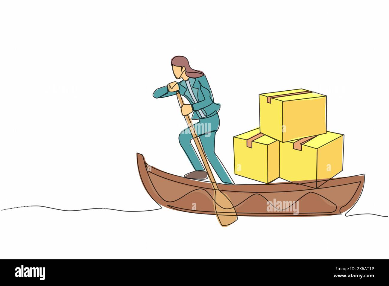 Una linea continua che attira una donna d'affari che naviga in barca con un mucchio di cartone. Trasporto sull'oceano. Spedizione di articoli in barca a vela. Illustrazione Vettoriale